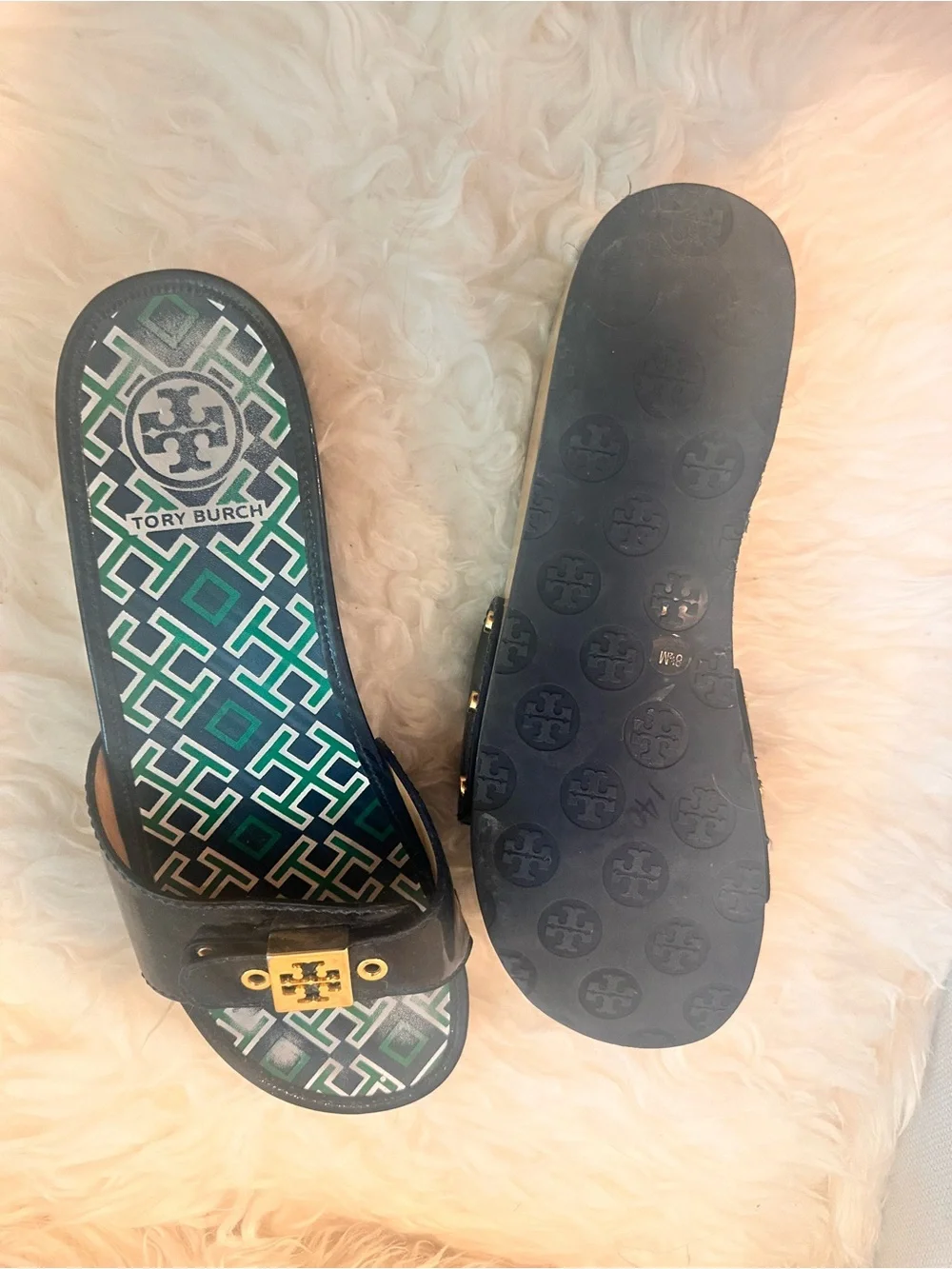 Tory Burch Navy and Green Platform Slide Sandals by Tory Burch